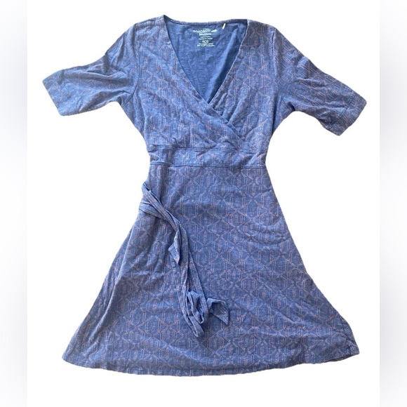 Toad & Co Medium Long Sleeved Faux Wrap Cafe Dress Blue Orange Organic - Picture 7 of 9